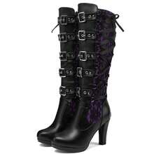 Goth Knee High Boots For Women Y2K Lace Buckle Block Heel Lace Up Knee Length Boots Round Toe High Heel Platform Cosplay Party Halloween Punk Boots - Màu tím - Xem 7