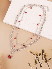 1 件时尚波西米亚风格红色心形仿珍珠双层项链，优雅高端感觉链条适合女性日常佩戴（手工链条按长度剪裁，未指定小吊坠数量） - 紅色 - 查看 3