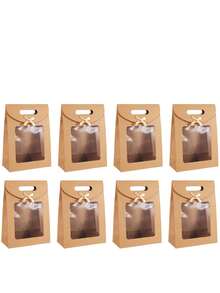 8个白色牛皮纸袋，带透明窗口，直立礼品袋，散装，带手柄，纸质礼品袋，白色购物袋，蝴蝶结礼品包装袋，适用于婚礼、新娘送礼会、生日、节日、圣诞派对、零售店，棕色