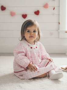 Toddler Girl Valentines Day Smocked Dress Heart Bow Embroidery Plaid Long Sleeve Crew Neck Princess Dress Kids Spring Outfit - 粉色 - 查看 5