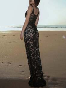 Women's Sleeveless Sheer Lace Maxi Dress, Bodycon Sexy Clubwear Party - Black - View 2