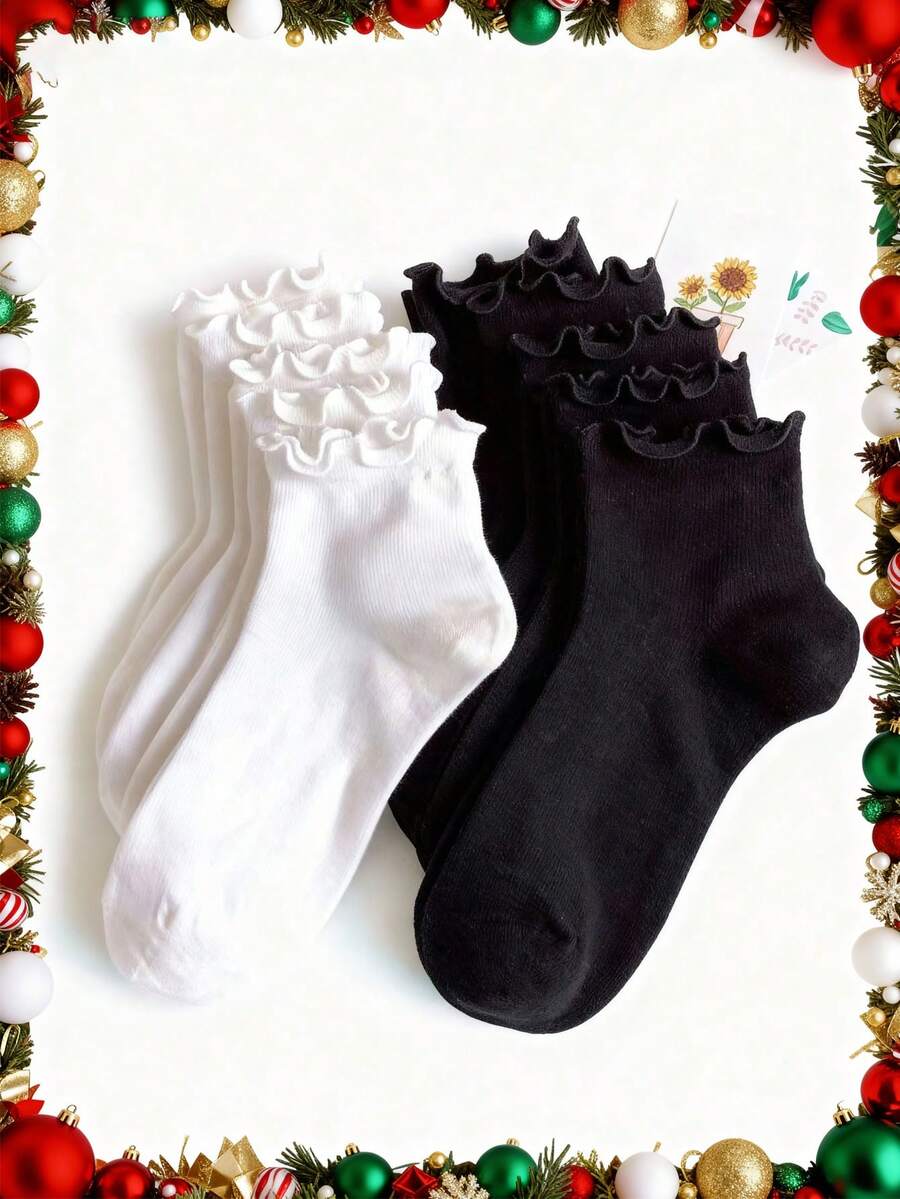10 Pairs Of Ruffle Socks Kids, Cute Ruffle Ankle Socks, Black White Crew Socks For Back To School Teenagers Sports Running Hiking, Halloween Christmas Xmas Gift - Multicolor - View 1