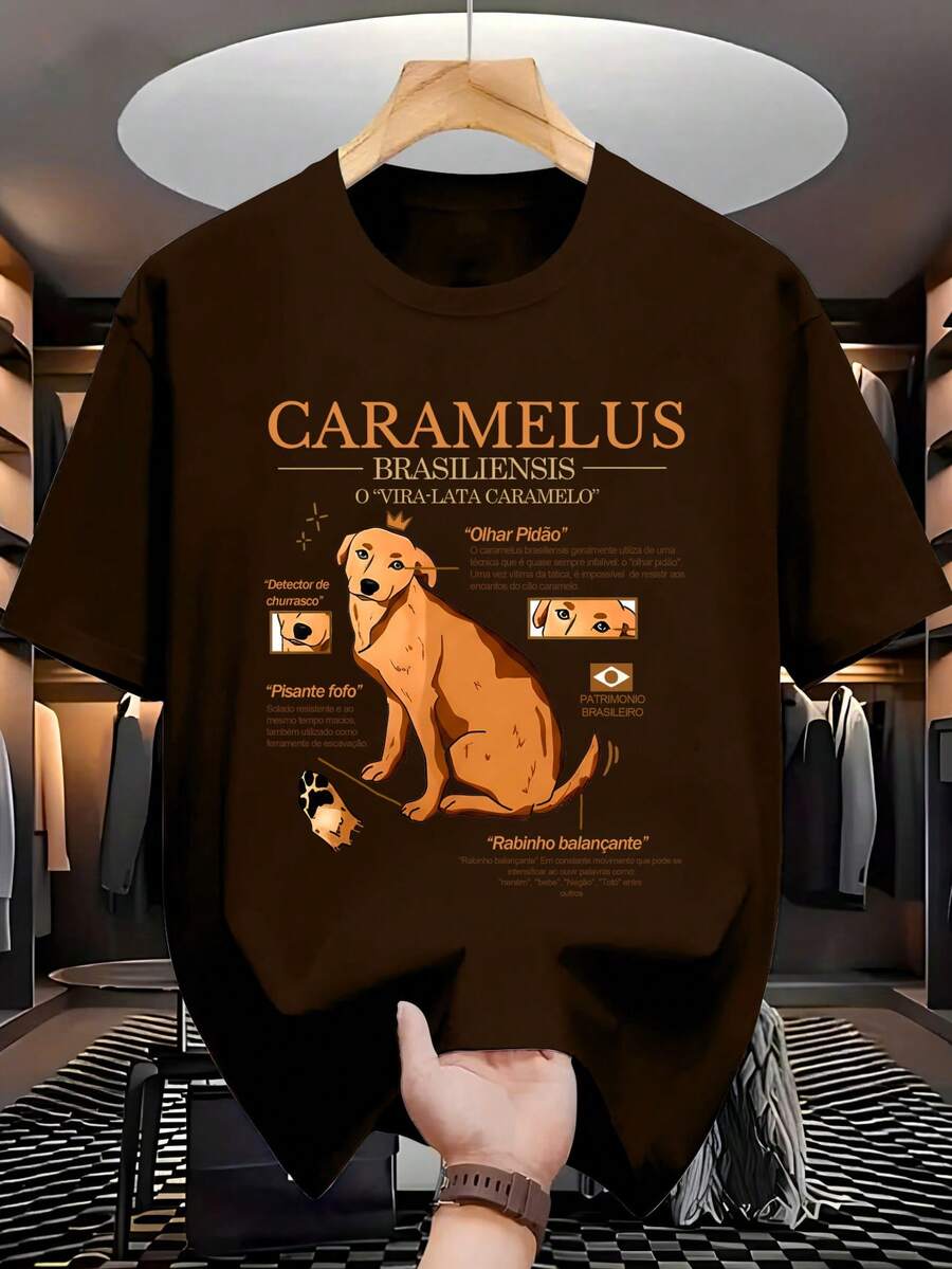 Caramel Dog T-Shirt, 100% Cotton, 30.1 Yarn, Dog Print, Caramel T-Shirt, Streetwear - 鏽棕色 - 查看 1