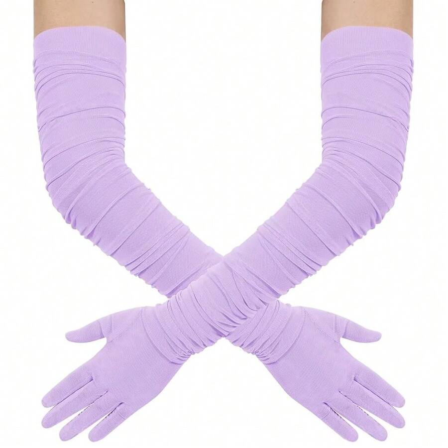 Hazhlko Women's Super Long Stretchy Ruched Mesh Tulle Sheer Gloves Costume Opera Party 1920's Dance Gloves{"Color_name":"Lavender"} - 薰衣草 - 查看 1