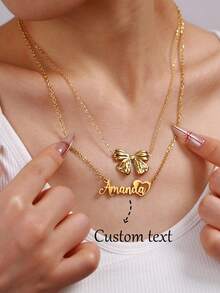 Collar de acero inoxidable minimalista de alta gama personalizado de doble capa apilable y versátil, nuevo collar creativo con lazo, collar de letra personalizado hecho a mano estilo bohemio, regalo de cumpleaños, boda, aniversario, Acción de Gracias, Navidad, Año Nuevo para mujeres - Dorado - Ver 4
