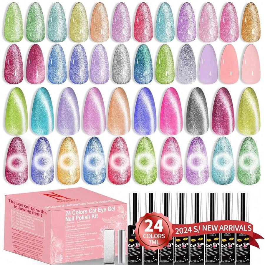 Cat Eye Gel Nail Polish, 28Pcs Glitter Pink Red Purple Green Blue Silver Sparkle Colors Gel Nail Polish Set With Magnet Base Top Coat Soak Off UV LED Light Nail Art Salon Manicure DIY Home{Inchcolor_nameinch:Inchshineinch} - 閃耀 - 查看 1