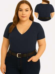 Kit With 3 Basic Women's Plus Size V-Neck Blouses - Navy Blue/red/off - View 3