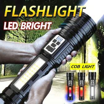 Rechargeable LED Flashlight With COB Beam, Long Range Light, Dual White/Warm Light Modes, - Emergency Torch, Adjustable Focus For Camping, Power Outages, Search & Rescue ( Cable Included), Torch Light, Torches, Led Torch, Hunting Gear And Equipment, Flashlight Heavy Duty, Bright Flashlight, Powerful Torch, Camping Gear And Equipment, Spotlight, Torchlight, Flashlight Powerful, Fishing, Powerful Flashlight, Camping Stuff, Bright Torch, Spotlight