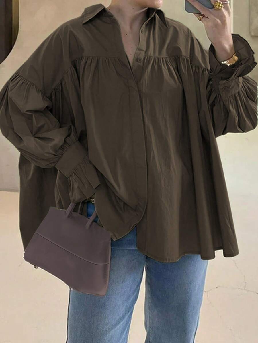 Women's Casual Shirt, Button Cuff Wide Sleeve Shirt, Solid Color Polyester Spring