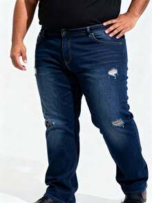 Nuevo 2025, vaqueros vaqueros rectas para hombres con agujeros rotos, jóvenes, azules, azules claros, cintura media, rectas, casuales, relajados y cómodos para llevar en todas las estaciones - Azul - Ver 4