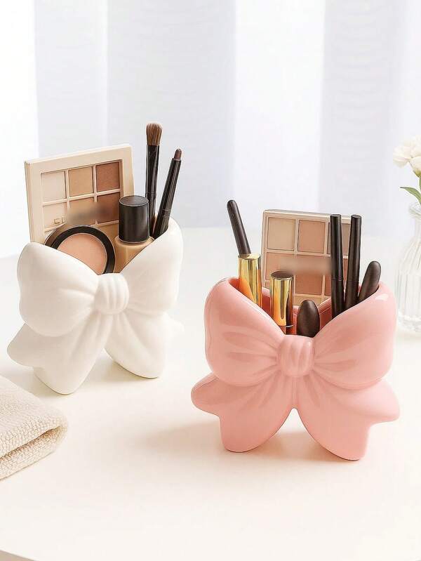 1/2 piezas Soporte para brochas de maquillaje con lazo, organizador de tocador de resina para escritorio