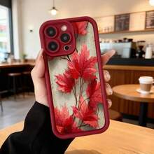 Phone Case With Black Border And Red Floral Design, Autumn Maple Leaf Print, Ideal For Daily Use And Casual Occasions Suitable For Apple Series Phones - Burgundy - View 2