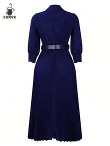 Plus Size Elegant Waist Cinched Solid Color Pleated Midi Dress With Belt, Vintage Style For Autumn/Winter, Suitable For Homecoming, Wedding, Birthday, Teacher Outfits - Blue - View 7