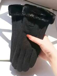 1 双女士冬季触屏手套，人造毛皮袖口绒面革手套，温暖时尚的寒冷天气手套，适合驾驶、户外活动，4 种颜色（灰色/粉色/米色/黑色） - 彩色 - 查看 6