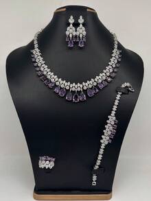 Set de bijuterii de lux cu 4 bucăți pentru femei, colier, cercei, inel, brățară cu zirconiu verde și roz încrustat cu cupru, set de bijuterii de mireasă, cadou de Ziua Îndrăgostiților pentru prietenă