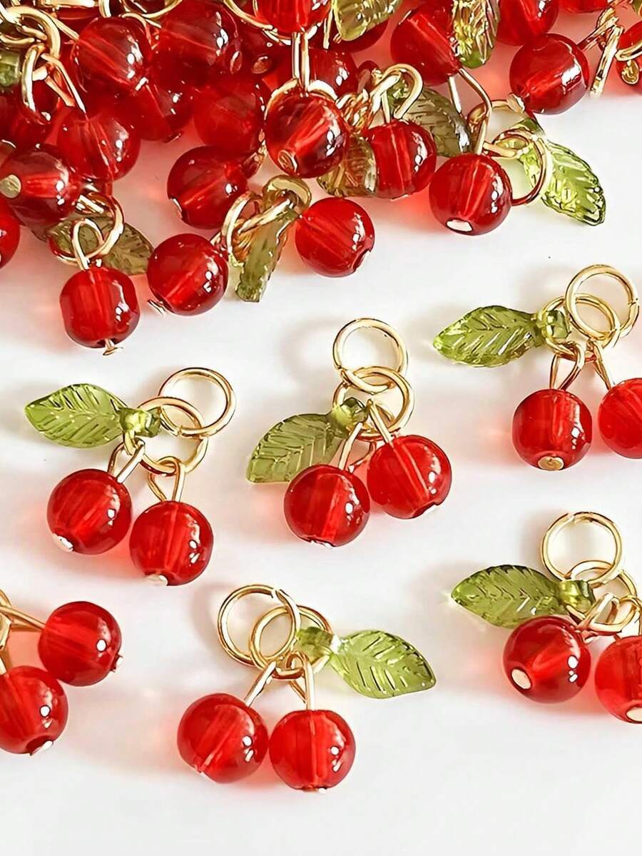 10 pezzi di ciondoli a forma di ciliegie rosse, piccoli e carini, perline di vetro a forma di frutta, ciondoli in acrilico con perline, con anello per orecchini, bracciali, collane, creazione di gioielli e artigianato fai-da-te