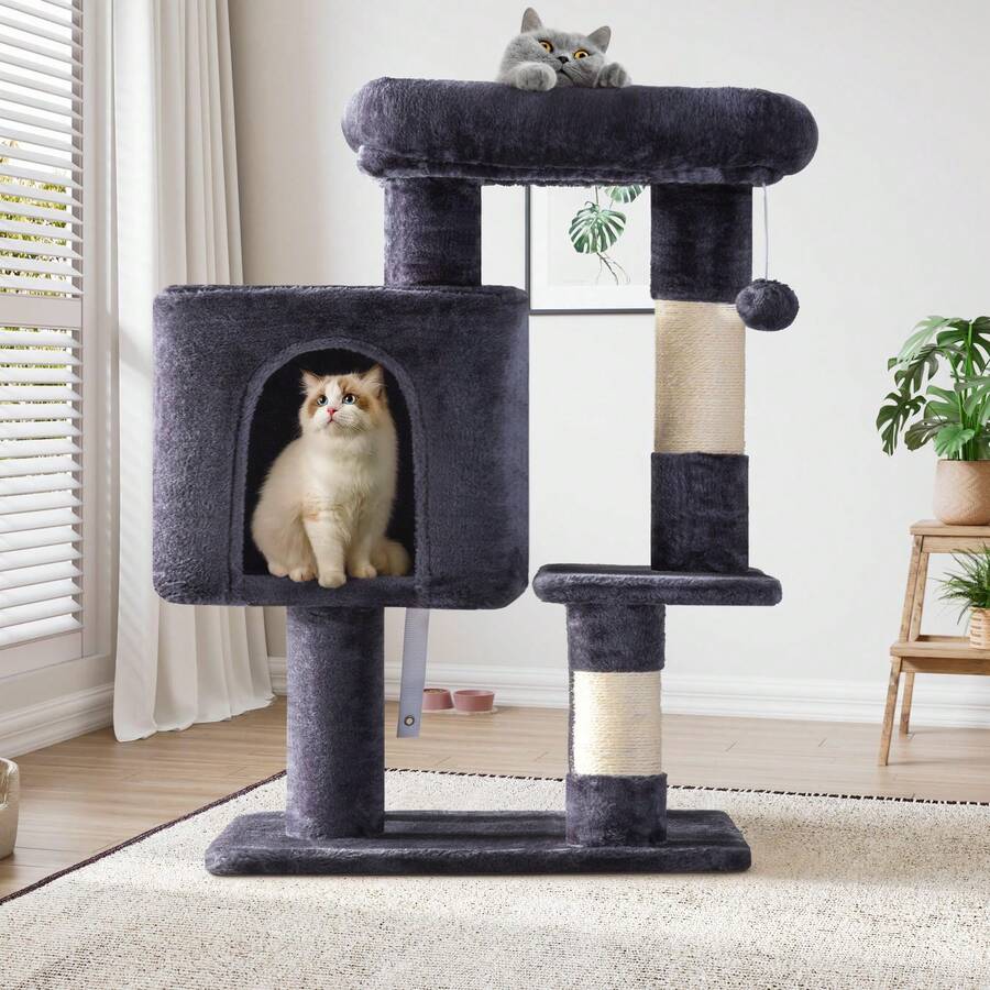 SHA CERLIN 29in Cat Tree For Indoor Cats, Multi-Level Cat Tower With Large Perch, Cozy Condo, Playful Toy Balls, Sisal Scratching Posts, Stable Pet Furniture Activity Center, Space-Saving, Dark Grey - 深灰色 - 查看 1