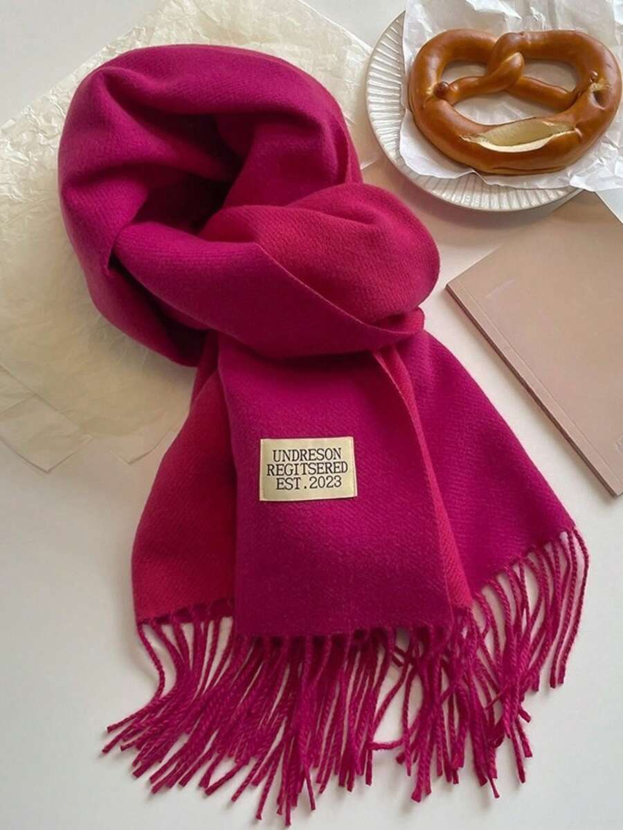 1pc Fashion Reversible Scarf For Women, Thick & Warm Dual-Use Shawl With Tassels, Suitable For Winter And Air-Conditioned Rooms For Dress - Rose Red - View 1