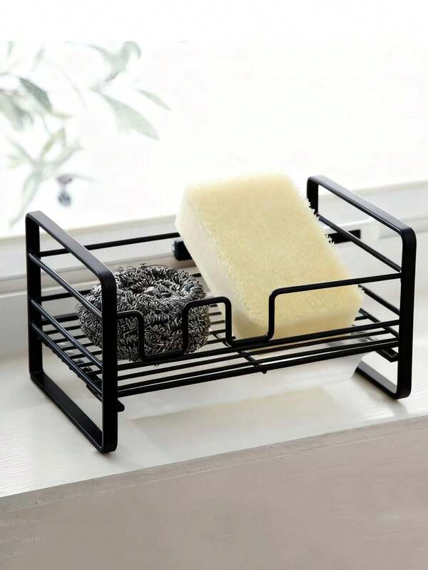 1pc Sponge Drain Rack, Kitchen Sink Countertop Storage Rack, Iron Wire Ball & Soap Holder