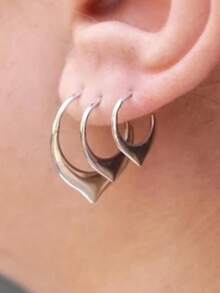 3 Pairs/Set Classic Minimalist Gold & Silver Smooth Hoop Earrings, Simple Heart Shaped Stud Earrings, Suitable For Various Occasions - Silver - View 7