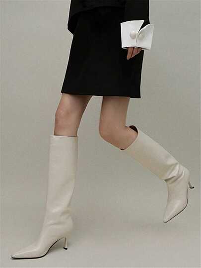 Fall/Winter Women's Fashion Pointed Toe Elegant French Minimalist Slip-On Mid-Calf Boots, Stiletto Heel, Available In Black, Caramel, White, Versatile For Commuting,High Heels