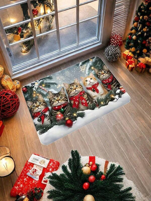 1pc Three Cat Christmas Welcome Mat, Rectangular, Machine Washable, 100% Polyester Material, Suitable For Home, Kitchen, Bathroom, Living Room, Bedroom Decoration Kitchen Rug