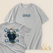 Camiseta T-Shirt Cheia de Graça - Lucas 1:28 camisa unissex 100% algodão - Cinza - Visão 1