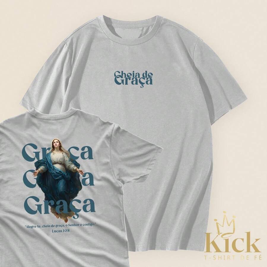 Camiseta T-Shirt Cheia de Graça - Lucas 1:28 camisa unissex 100% algodão - Cinza - Visão 1