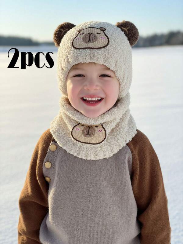 Conjunto de 2 peças para meninos pequenos com gorro e cachecol bordados de capivara, ideal para outono/inverno.
