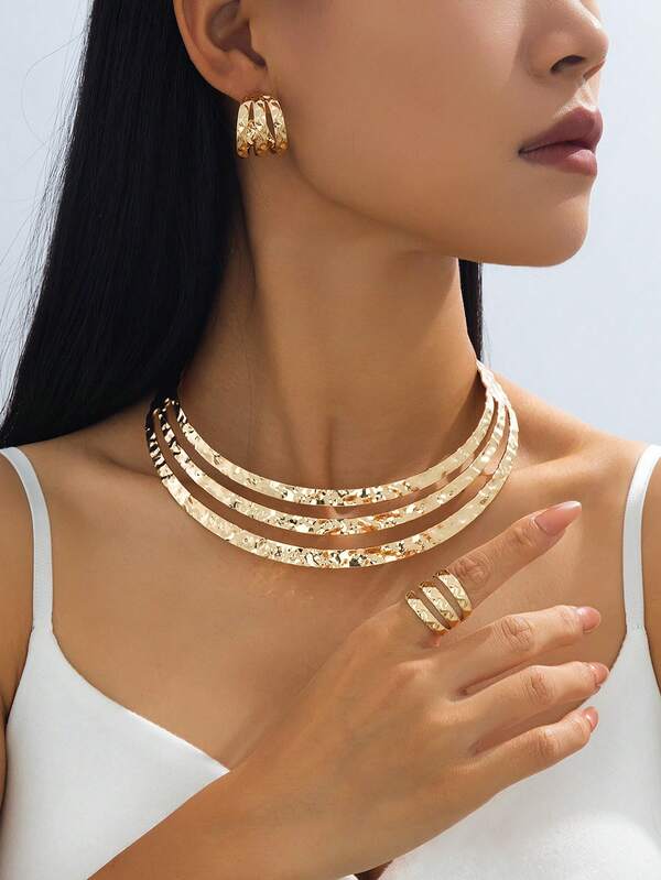 4 pezzi Set di gioielli da donna, collana geometrica cava stratificata vintage esagerata, set di orecchini e anello, adatto come regalo, per feste, banchetti e uso quotidiano