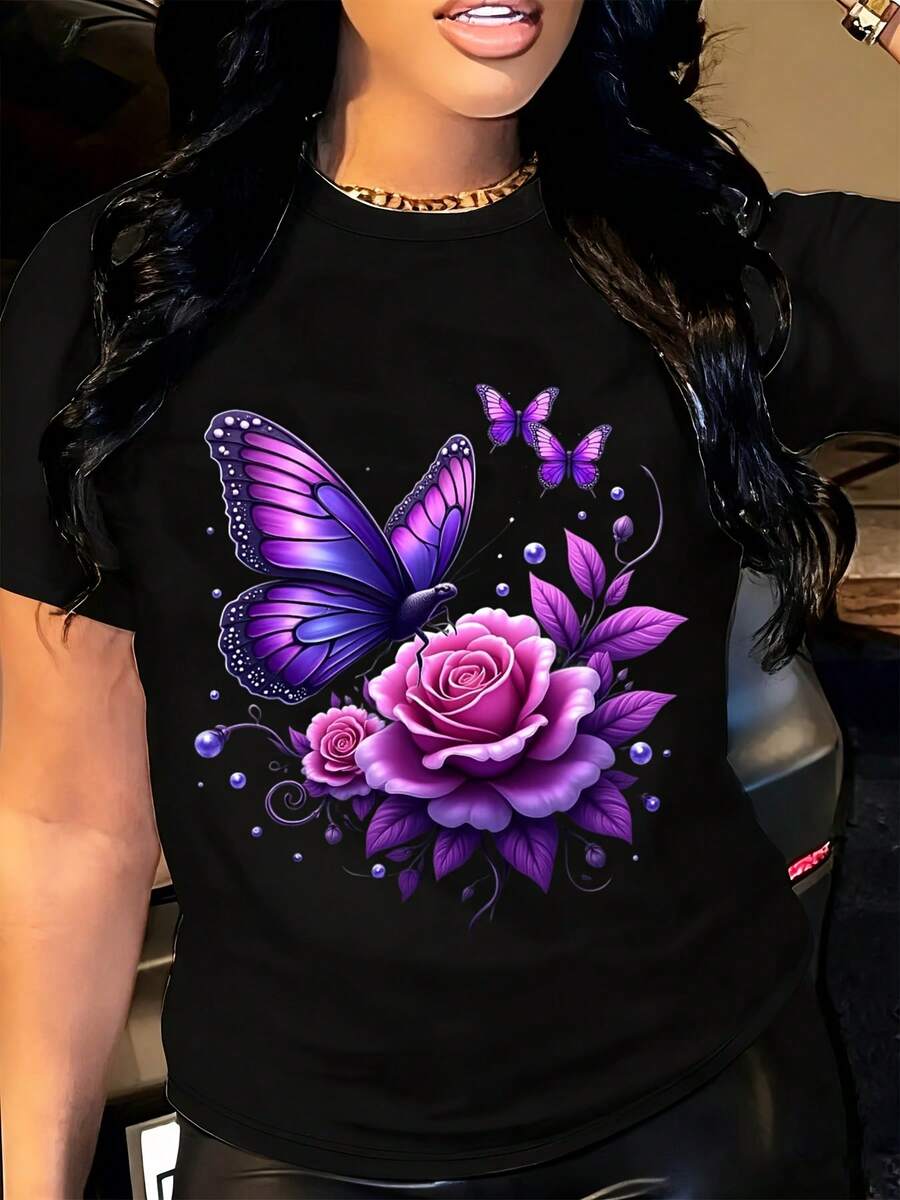 Purple Butterfly And Rose Floral Design Women's T-Shirt - Vibrant 3D Print Black Casual Top For Fashion Lovers - 黑色 - 查看 1