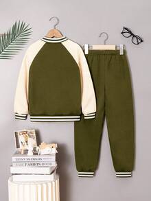 2pcs/Set Young Boy Casual Fashion Letter Print Raglan Sleeve Contrast Color Sweatshirt & Pants Set - Army Green - View 2