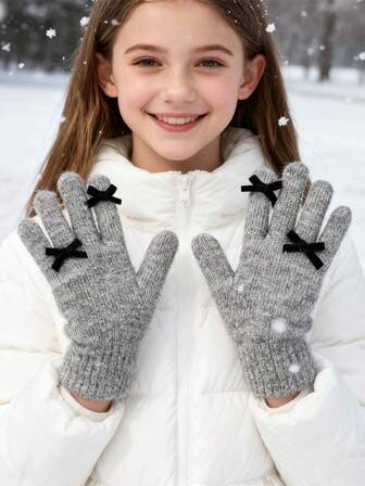 1pairWinter Bowknot Gloves - Warm Touch Five Finger Gloves With Cute Bowknot Design, Soft Material, Suitable For Autumn And Winter Seasons, Perfect For Outdoor Activities, Suitable For Boys And Girls