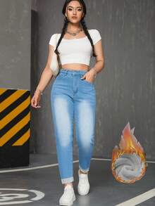 Autumn/Winter Warm Thermal Lined Fashionable Denim Jeans, Casual Tapered Stretch Loose Pants