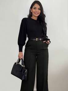 1pc Black High-Waisted Wide Leg Pants, Elegant Casual, Loose Fit, Suitable For Daily Work, Dates And All Occasions, All Seasons - Black - View 4
