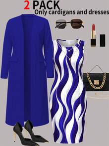 Spring/Autumn Plus Size Women's 2 Pieces Set Dress, Spring Outfit For Women's Office And Formal Occasions Elegant - Blue - View 1