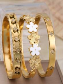 3pcs/Set Fashionable Clover Stainless Steel Bracelet For Women, Suitable For Wedding, Anniversary, Party Gift, Stacking - Yellow Gold - View 8