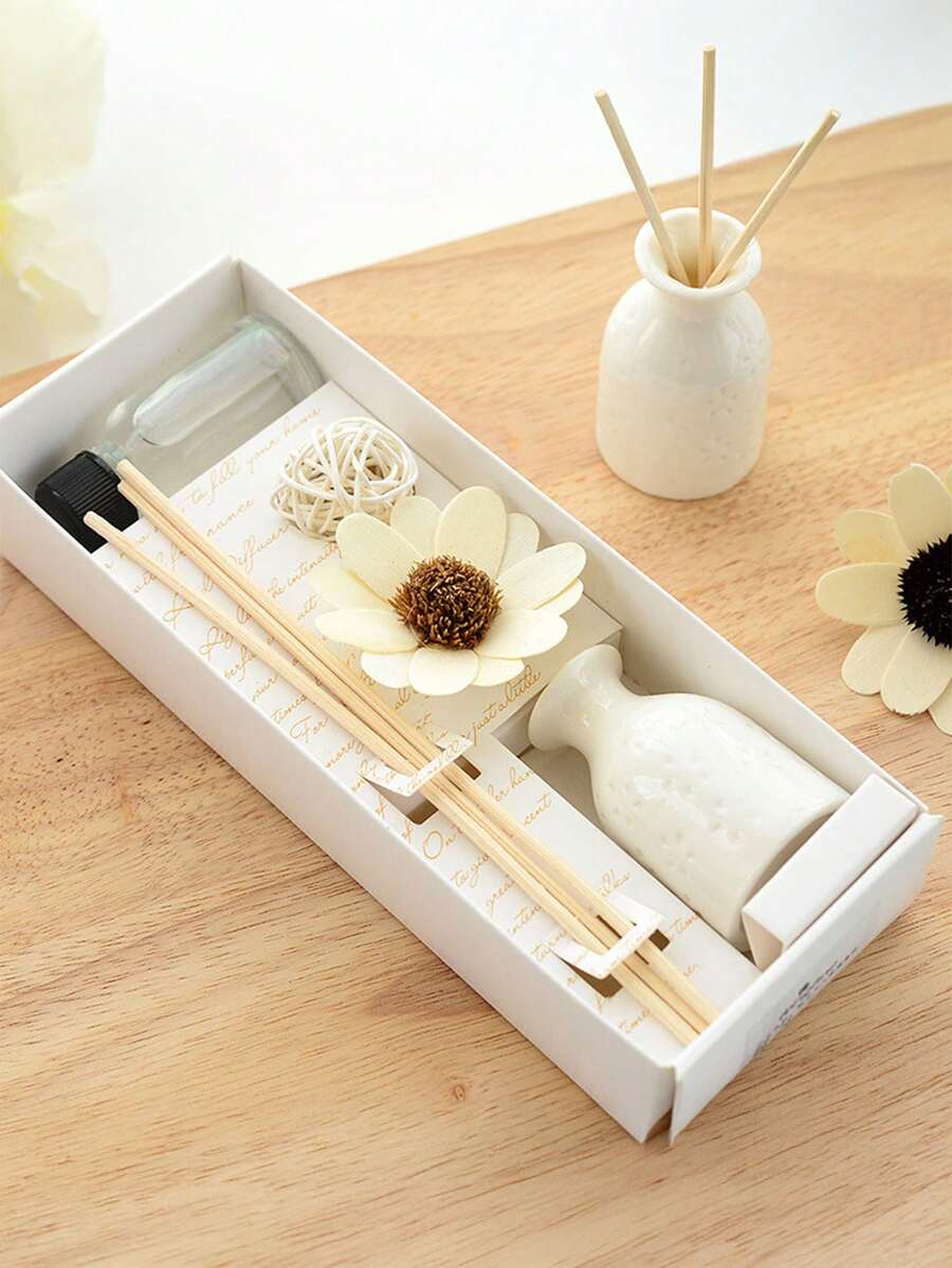 9pcs/Set Flameless Home Fragrance Set (1 Bottle Fragrance Oil + 1 Ceramic Bottle + 5 Rattan Fragrance Sticks + 1 Rattan Ball + Dried Flowers), Long-Lasting Aroma, Suitable For Home, Office, Bedroom, Bathroom, Living Room, An Excellent Christmas Gift For Female Friends, Girlfriend Or Family - Upgraded 2 Times Strong Aroma - View 1