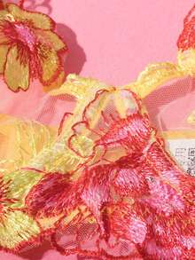Embroidery Mesh Underwire Bra & Thong & Garter Lingerie Set - Yellow - View 7