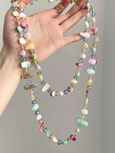 1pc Vintage Necklace, Bohemian Style Colorful Shell Beaded Double Layer Necklace, Retro Luxury Holiday Long Necklace, Stackable, Assorted Gemstone And Pearl Colors And Shapes