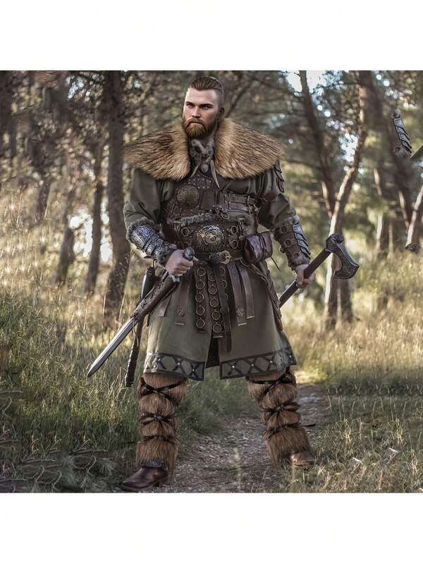3 piezas Accesorios de Disfraz de Vikingo, Hombros de Piel Sintética Masculina, Piernas de Piel Sintética de Vikingo, Cuello de Piel Sintética Medieval, Juego de Roles de Guerrero LARP, Regalo Perfecto para Accesorios de Disfraces de Hombres y Mujeres en Halloween, Entusiastas Históricos y Amantes de Actividades al Aire Libre