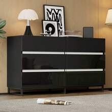 140*39.5*78.5cm Living Room Sideboard, Living Room Cabinet With 6 Drawers, High-Gloss Chest Of Drawers, Cabinet With 3 Metal Legs, Side Cabinet With Excellent Load-Bearing Capacity, White+Black - Black - View 2