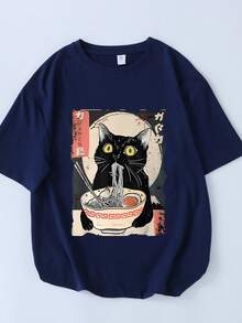 Teen Girl Cartoon Cat & Ramen Print T-Shirt - Navy Blue - View 2