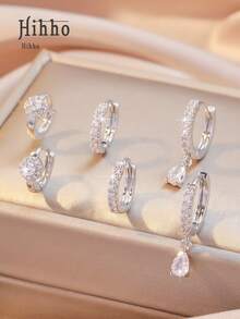 Hihho 3 Paar/Set elegante Blumen- & Blatt-Zirkonia-Ohrstecker, klassisches Design minimalistischer Luxus-Ohrringset, geeignet für tägliches Layering oder einzelnes Tragen, perfektes Geschenk für Freunde - Silber - Übersicht 7