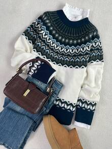 Women's Autumn/Winter Fashionable & Comfortable Geometric Fair Isle Pattern Crew Neck Loose Fit Knit Pullover Sweater - Navy Blue - View 5