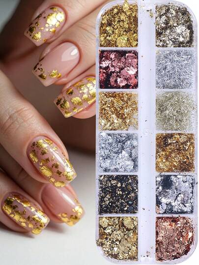 12色金箔亮片美甲装饰，混合金箔丝绸铝箔美甲闪粉片，闪亮美甲装饰，随机搭配金色、银色、铜色美甲用品，适合美甲DIY工艺
