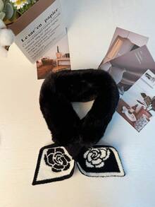 1条女士针织毛绒领围巾，搭配鱼尾缎带拼接设计，适合秋冬季日常保暖搭配连衣裙 - 酒紅花 - 查看 16