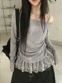 女士蕾丝拼接露肩长袖T恤，独特修身抽绳上衣，夏季