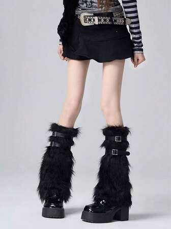 1 双仿毛皮腿套，按扣式，Y2K 风格，秋冬季保暖（可能略有掉毛）