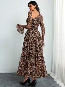 Women's Elegant Sexy Modern And Gorgeous Long Sleeve Romantic Pleated Two-Layer Abstract Leopard Print Dress Vacation - Multicolor - View 2